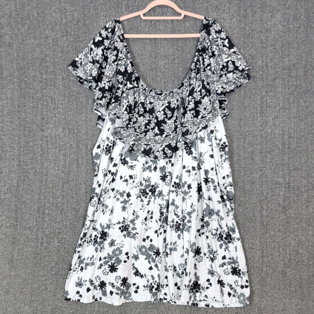 Woman Within Blouse Women 6X Black White Floral Off The Shoulder Cottagecore Top
